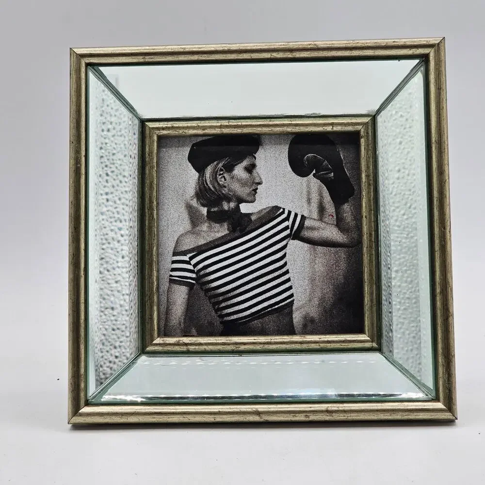 Vintage Silver Beveled Mirror Picture Frame Tabletop or Wall Holds 4x4 Photo